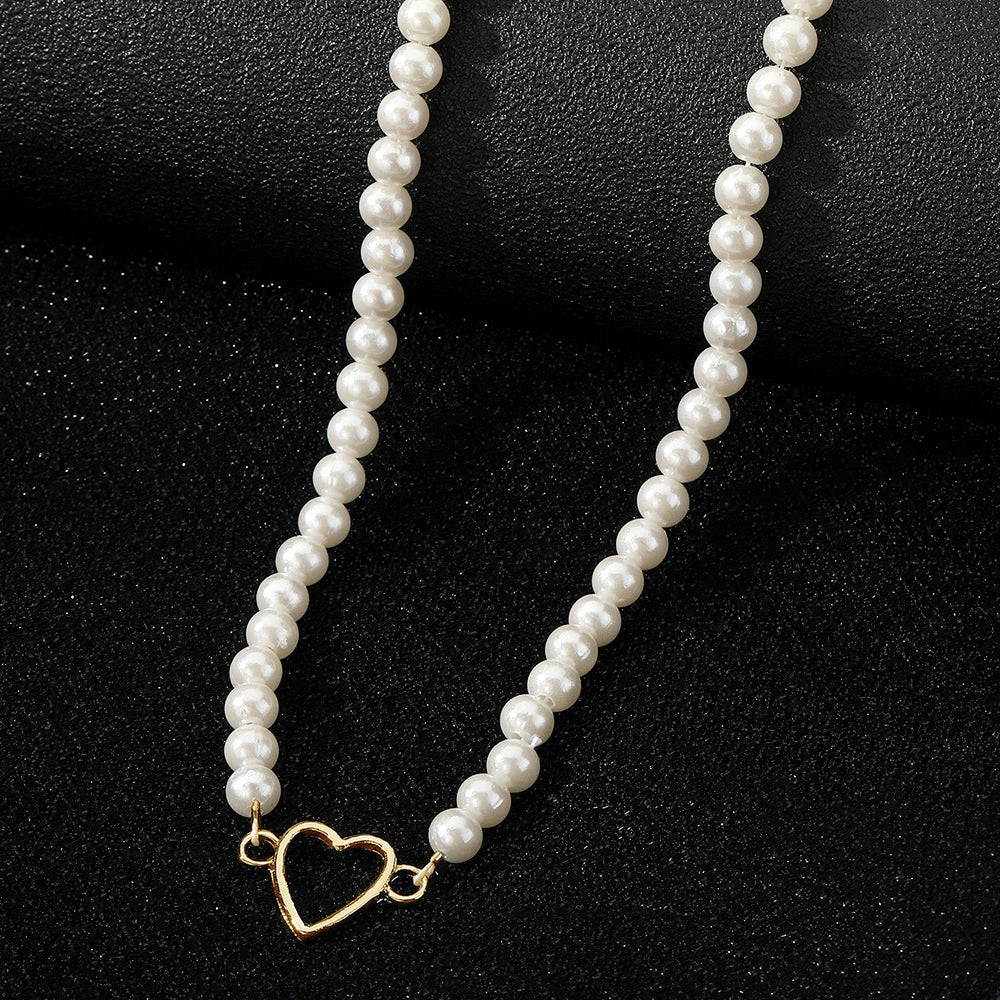 Fashion Jewelry Imitation Pearl Alloy Heart Hollow Geometric French Retro Electroplated Necklace For Women - Image 3