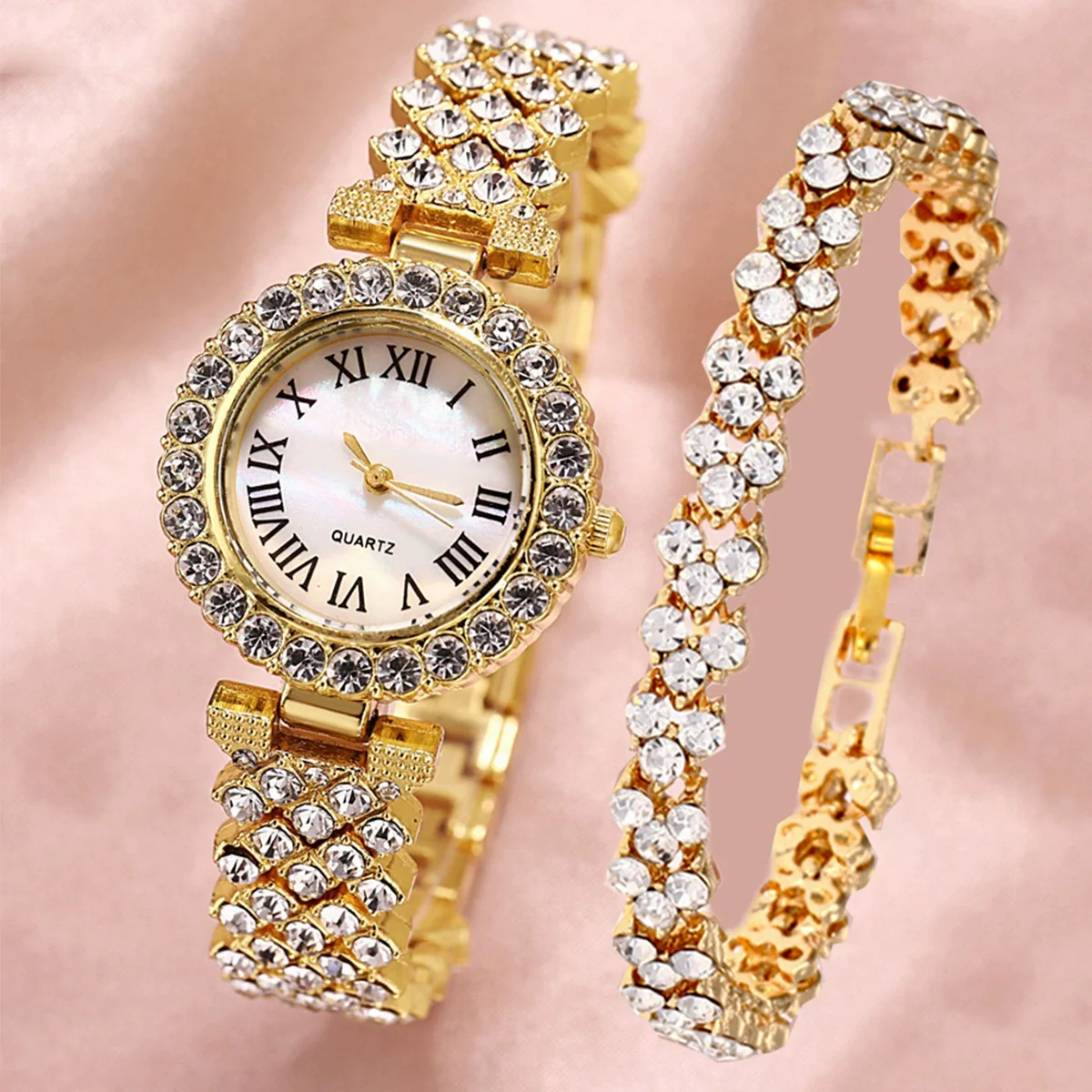Fashion Luxury Quartz Watch And Double Diamond Bracelet Set Alloy Case Stainless Steel Strap And Clasp Round Dial - Image 12