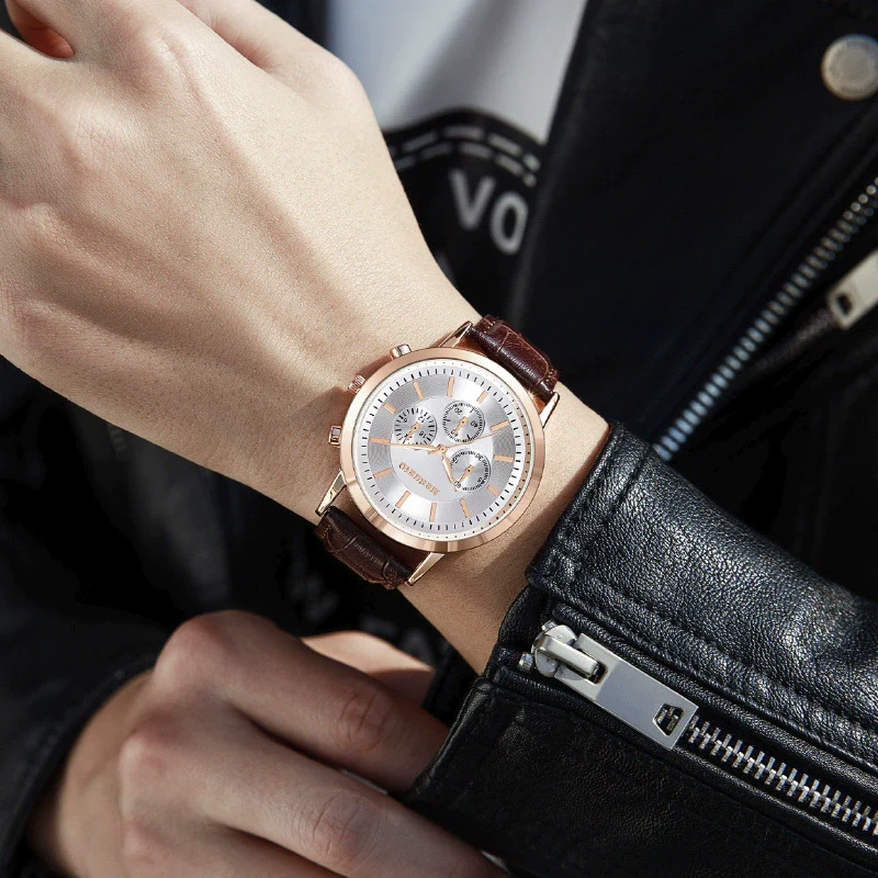 Fashion Men's Metal Leather Belt Quartz Watch With Round Dial And Mineral Strengthened Glass Mirror - Image 2