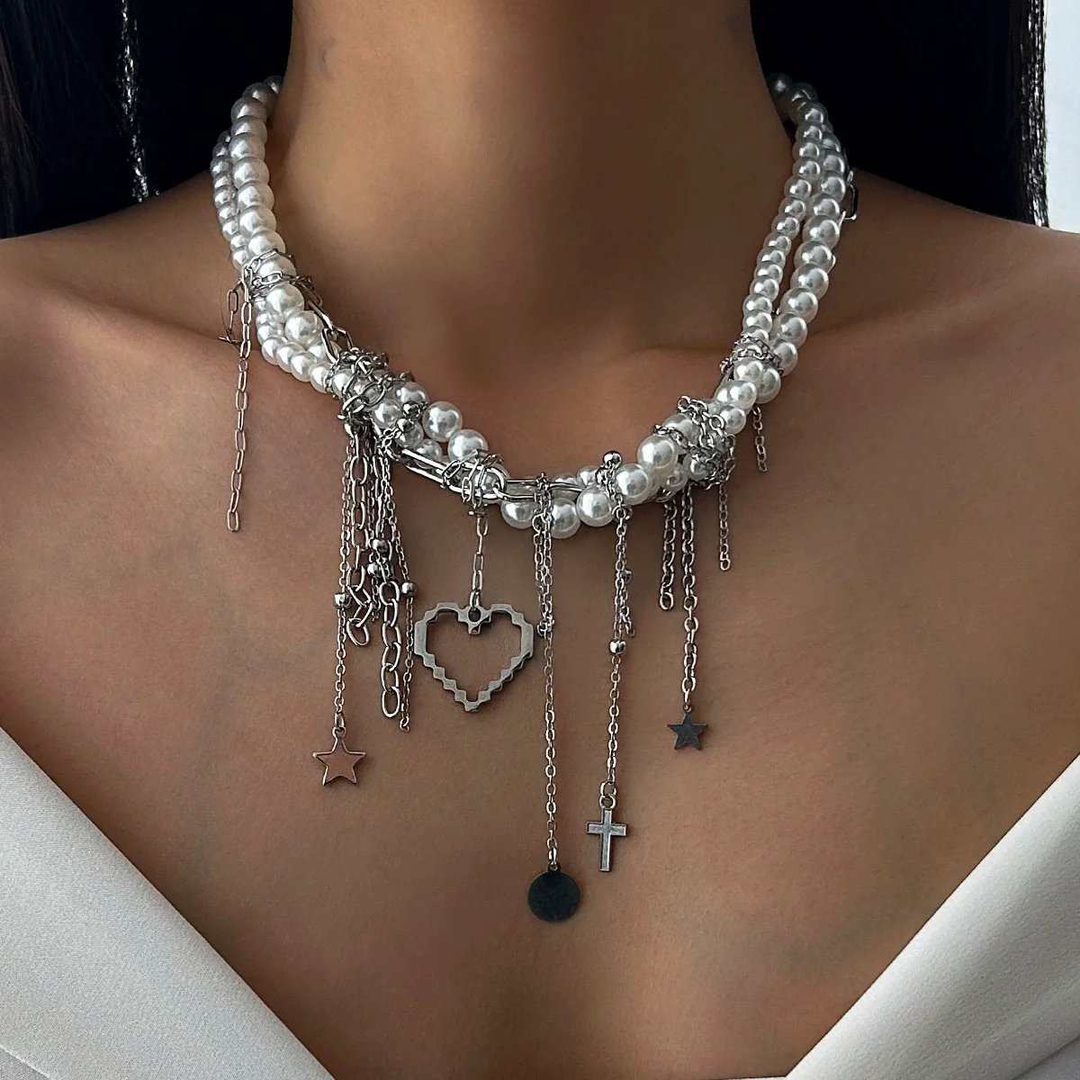 Fashion Metal Star Moon Tassel Heartshaped Imitation Pearl Wrap Necklace Alloy Electroplated - Image 2