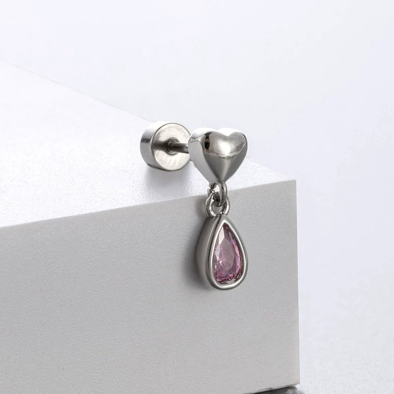 Fashion Ol Style Metal Heart Shape Titanium Steel Zirconia Doubleheaded Screw Piercing Earrings For Women - Image 5