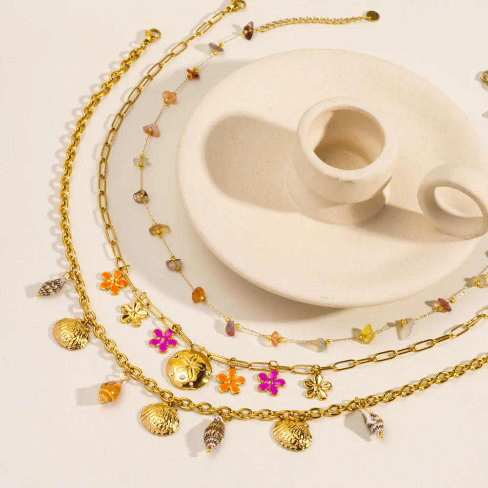 Fashion Shell Flower Multipendant Stainless Steel And Titanium Steel Necklace With Geometric Pattern And Electroplating For Women