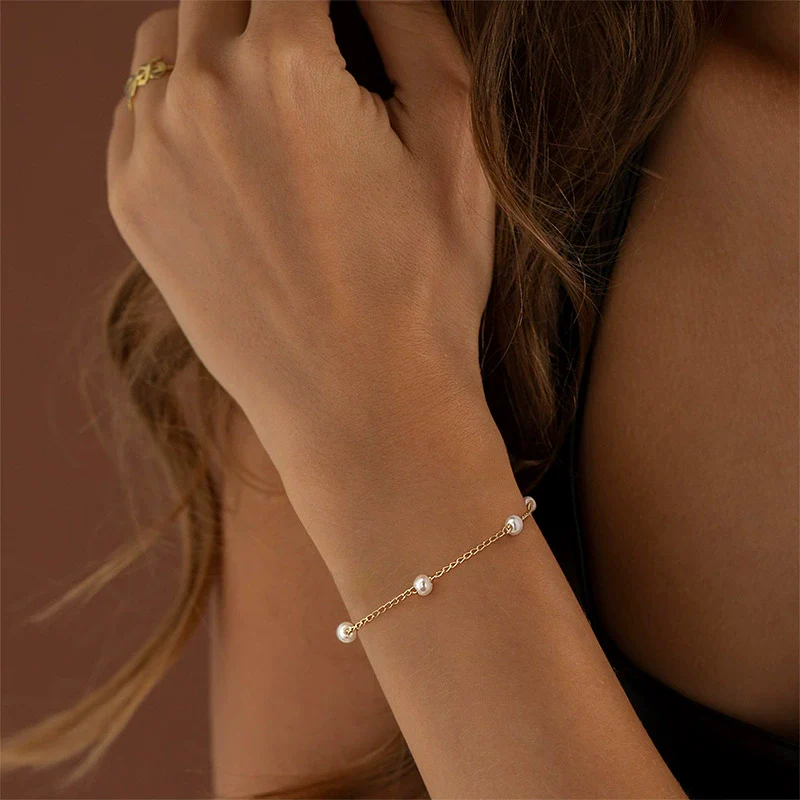 Fashion Simple Exquisite Golden O Shaped Chain Pearl Women's Bracelet Copper Electroplating Geometric