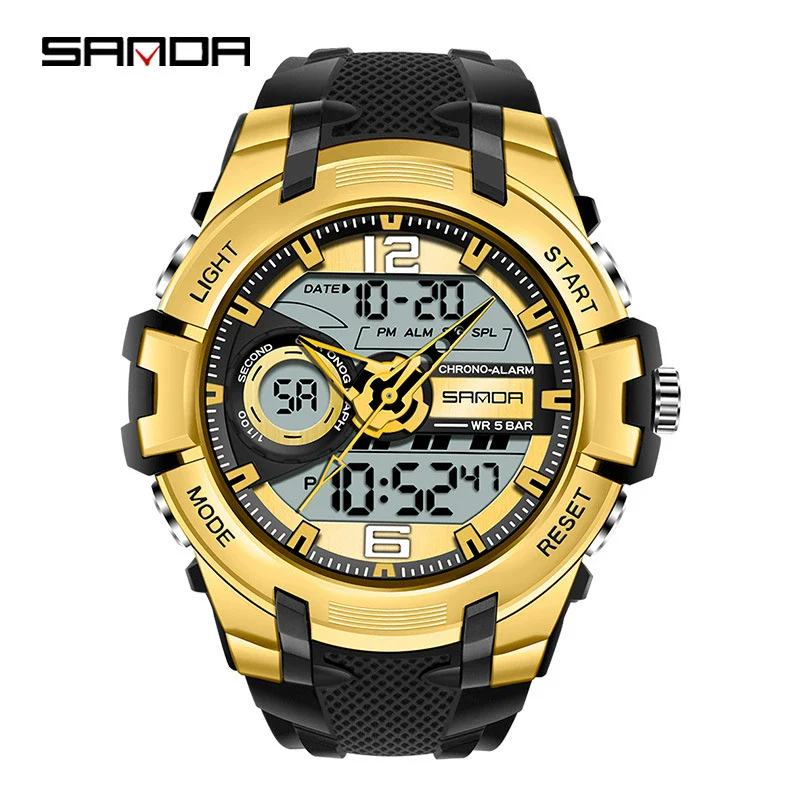 Fashion Sports Luminous Chronograph Electronic Watch Resin Strap Stainless Steel Clasp Plastic Mirror Round Dial