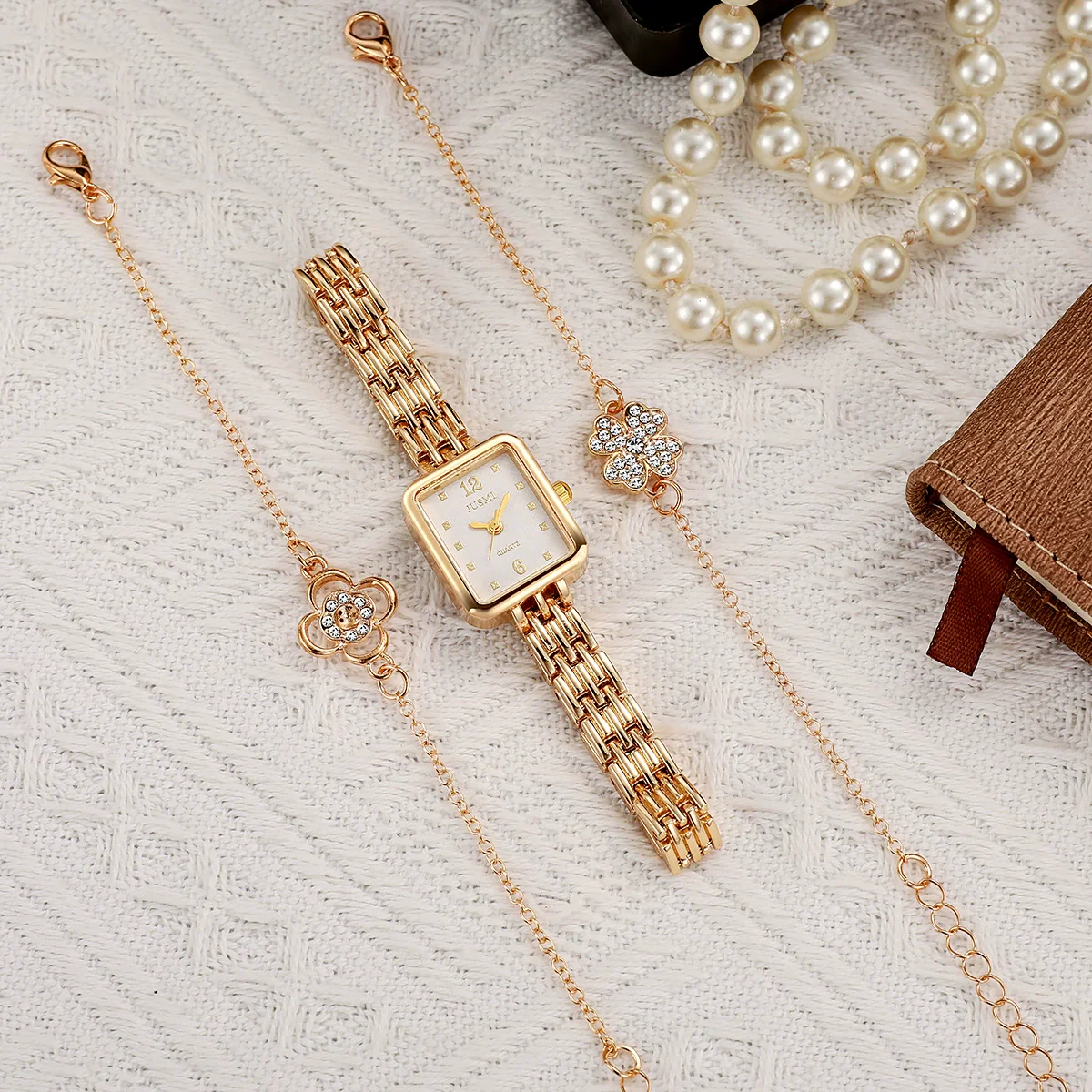 Fashion Square Ins Diamond Women's Watch And Four Leaf Clover Flower Bracelet Set Alloy Material - Image 2