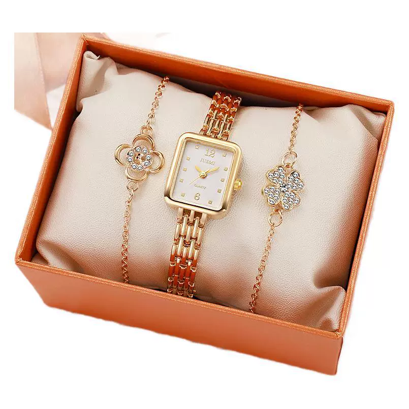 Fashion Square Ins Diamond Women's Watch And Four Leaf Clover Flower Bracelet Set Alloy Material - Image 5