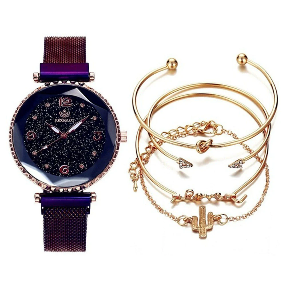 Fashion Starry Sky Gradient Women's Alloy Case Pu Strap Quartz Watch And Bracelet Bangle Set With Stainless Steel Magnet Buckle - Image 3