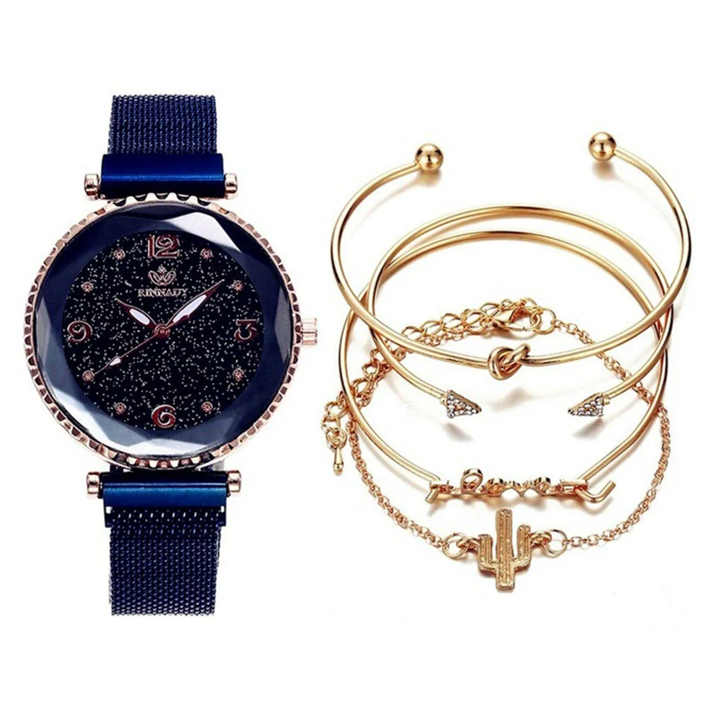 Fashion Starry Sky Gradient Women's Alloy Case Pu Strap Quartz Watch And Bracelet Bangle Set With Stainless Steel Magnet Buckle - Image 6