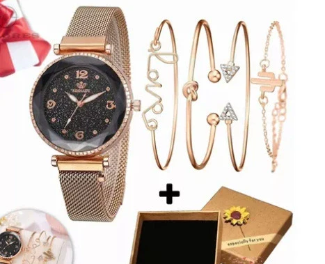 Fashion Starry Sky Gradient Women's Alloy Case Pu Strap Quartz Watch And Bracelet Bangle Set With Stainless Steel Magnet Buckle - Image 8