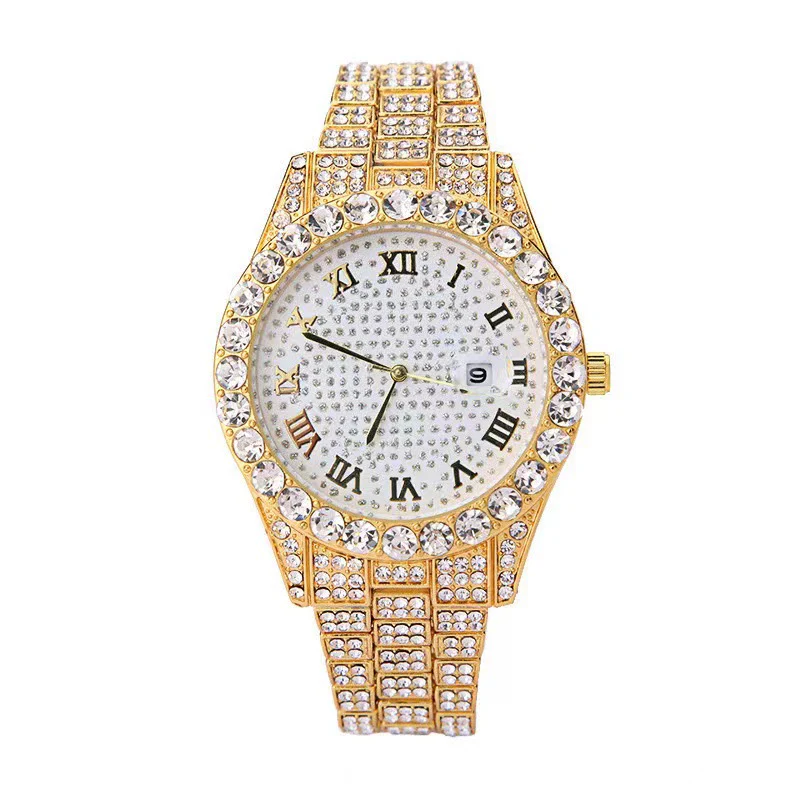 Fashion Steel Belt Watch With Starry Diamond Roman Scale Calendar Round Dial Alloy Case Stainless Steel Buckle - Image 6