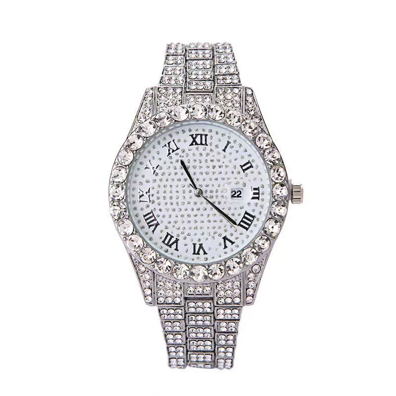 Fashion Steel Belt Watch With Starry Diamond Roman Scale Calendar Round Dial Alloy Case Stainless Steel Buckle - Image 7