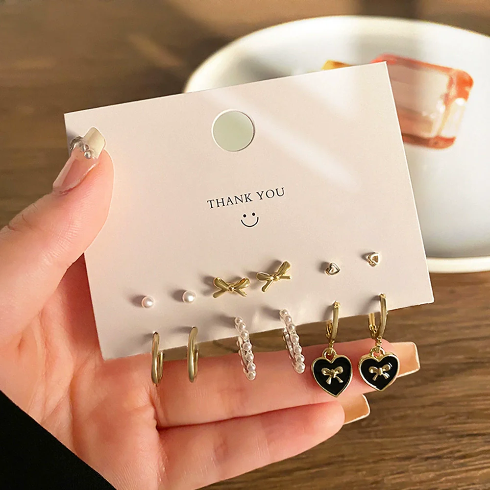 Fashion Trendy Oildropping Heart Butterfly Imitation Pearl Alloy Earrings Set For Women With Electroplating - Image 6