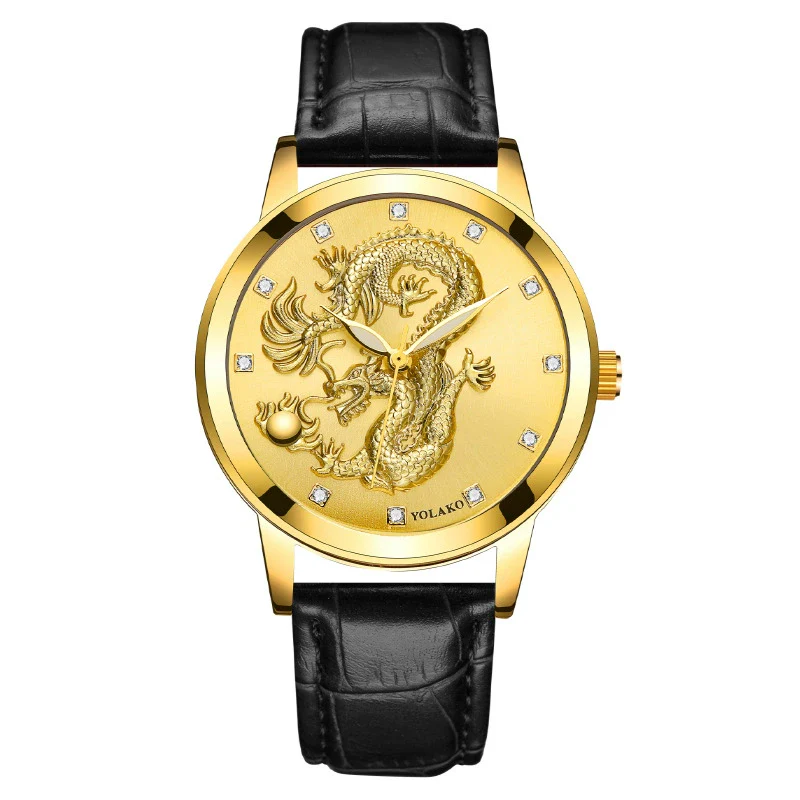 Fashion Waterproof Men's Watch With Dragon Pattern Metal Case Leather Strap And Round Dial - Image 11