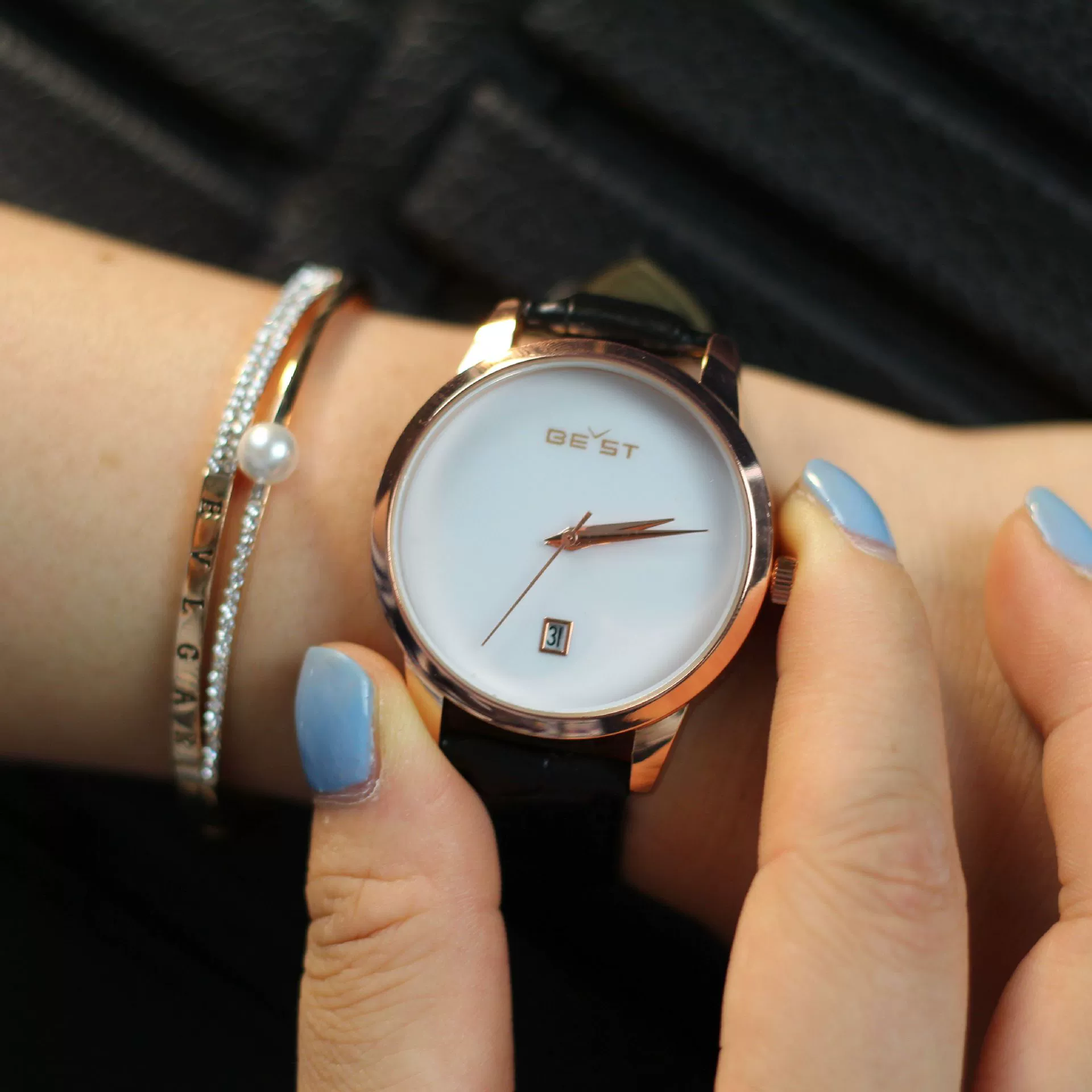 Fashion Women's Alloy Case Genuine Leather Belt Round Dial Rose Gold Thin Simple Watch - Image 3