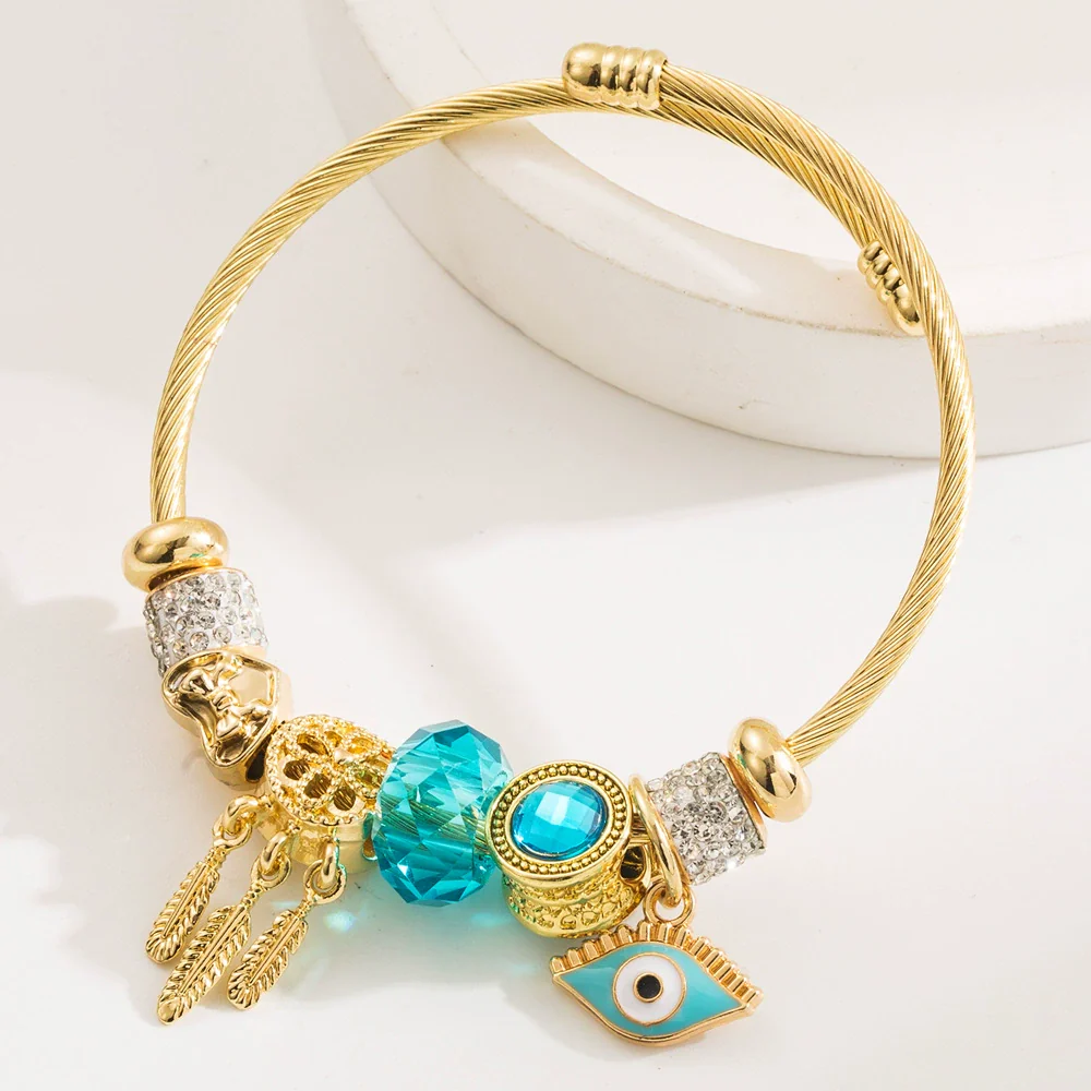 Fashion Women's Golden Devil's Eye Diamond Pendant Stainless Steel Alloy Bracelet - Image 6