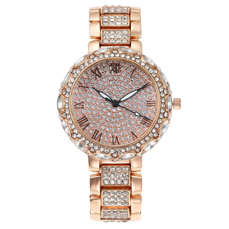Fashion Women's Watch With Roman Pattern Diamondencrusted Metal Case And Strap Copper Clasp Round Dial Mineral Strengthened Glass Mirror - Image 7