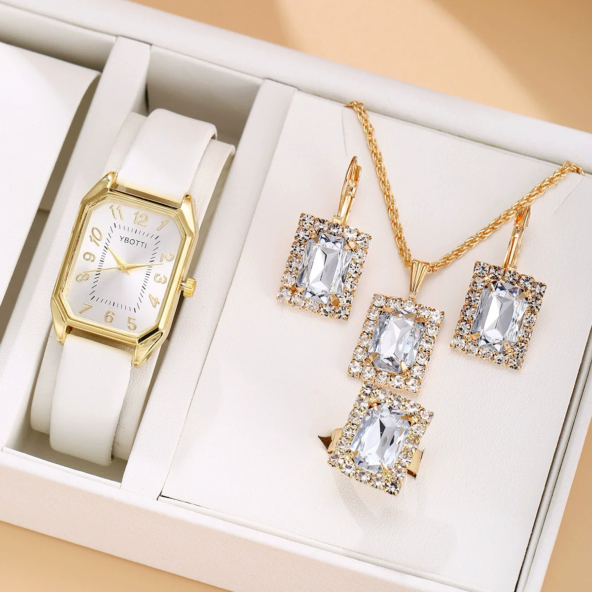 Fashionable Casual Leather Women's Square Quartz Watch And Rhinestone Jewelry Set With Stainless Steel And Pu Materials - Image 6