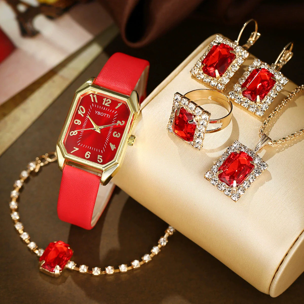 Fashionable Casual Leather Women's Square Quartz Watch And Rhinestone Jewelry Set With Stainless Steel And Pu Materials - Image 9
