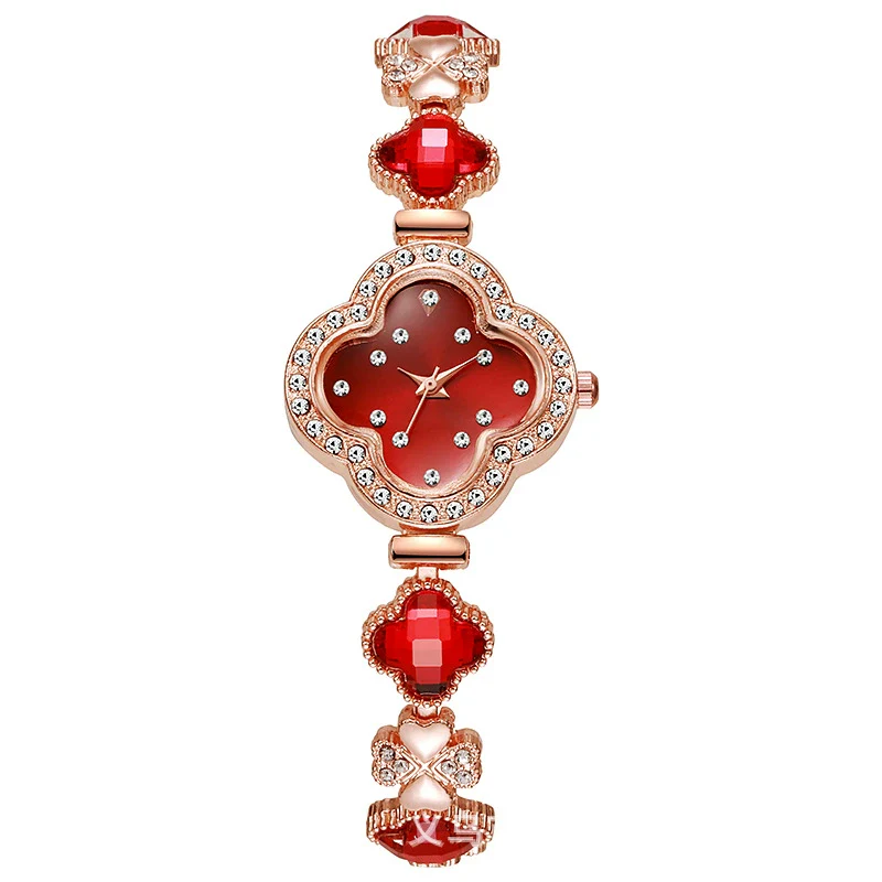 Fashionable Fresh Style Women's Alloy And Stainless Steel Rhinestone Fourleaf Clover Bracelet Watch - Image 4