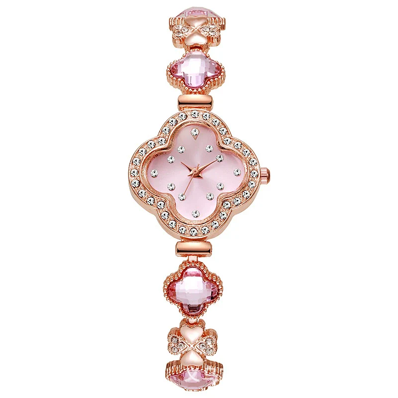 Fashionable Fresh Style Women's Alloy And Stainless Steel Rhinestone Fourleaf Clover Bracelet Watch - Image 6