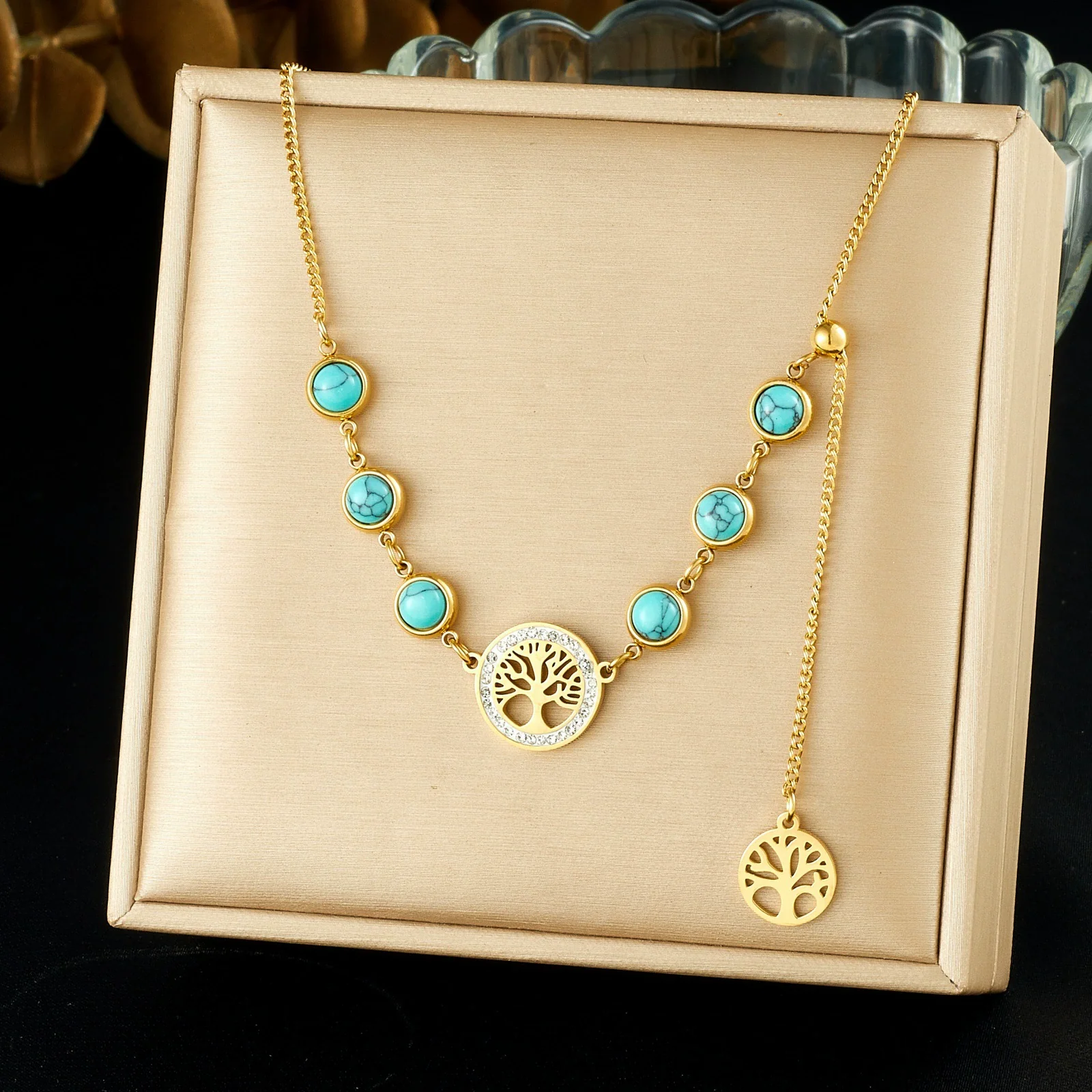 Fashionable Retro Round Tree Of Life Pendant Tassel Goldplated Stainless Steel Necklace For Women