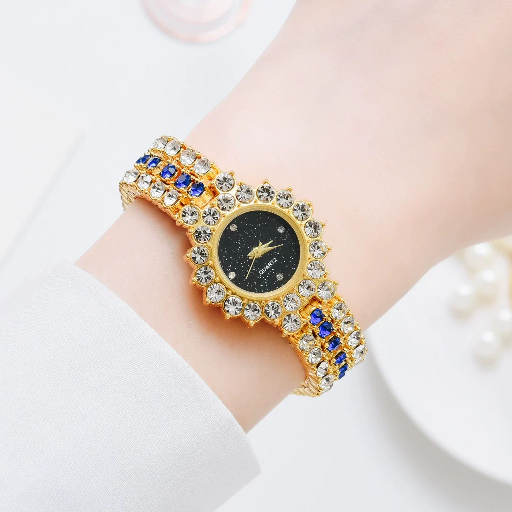 Fashionable Women's Diamondencrusted Quartz Bracelet Watch With Starry Sky Design Alloy Case Rose Gold Buckle And Round Dial - Image 4