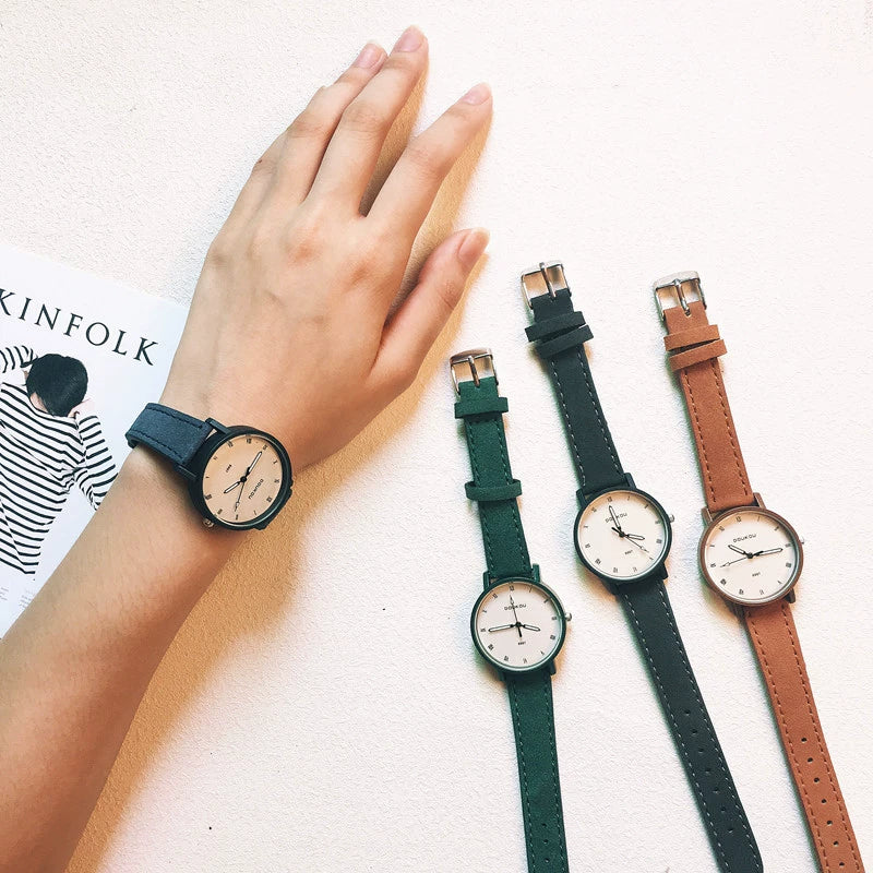 Female Student Mori Style Alloy Case Imitation Leather Strap Round Dial Quartz Watch