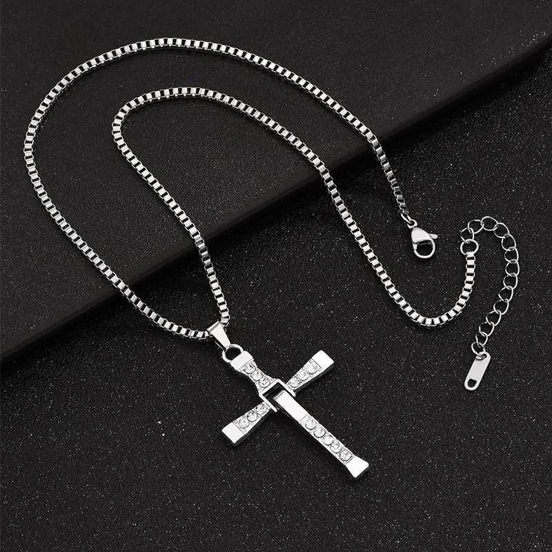 Foldable Movable Cross Pendant Necklace For Men Alloy With Diamond - Image 3