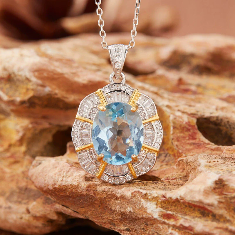Gemstone Jewelry Pendant Necklace For Women S925 Sterling Silver Flower Pattern Set With Crystals - Image 3