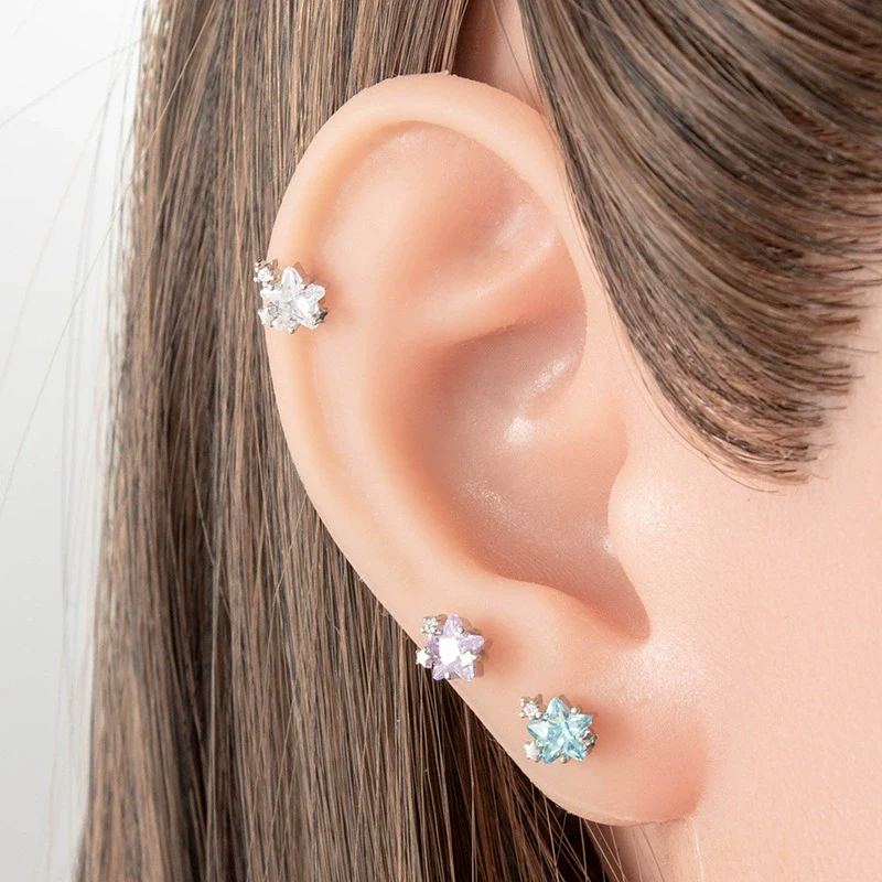 Geometric Fivepointed Star Metal Earrings Set With Zirconia For Unisex Piercing - Image 2