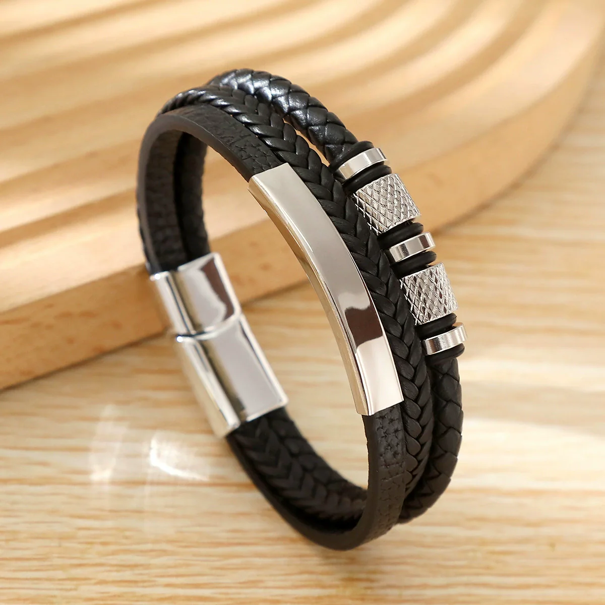 Geometric Multilayer Handwoven Leather Men's Alloy Magnet Buckle Bracelet - Image 3