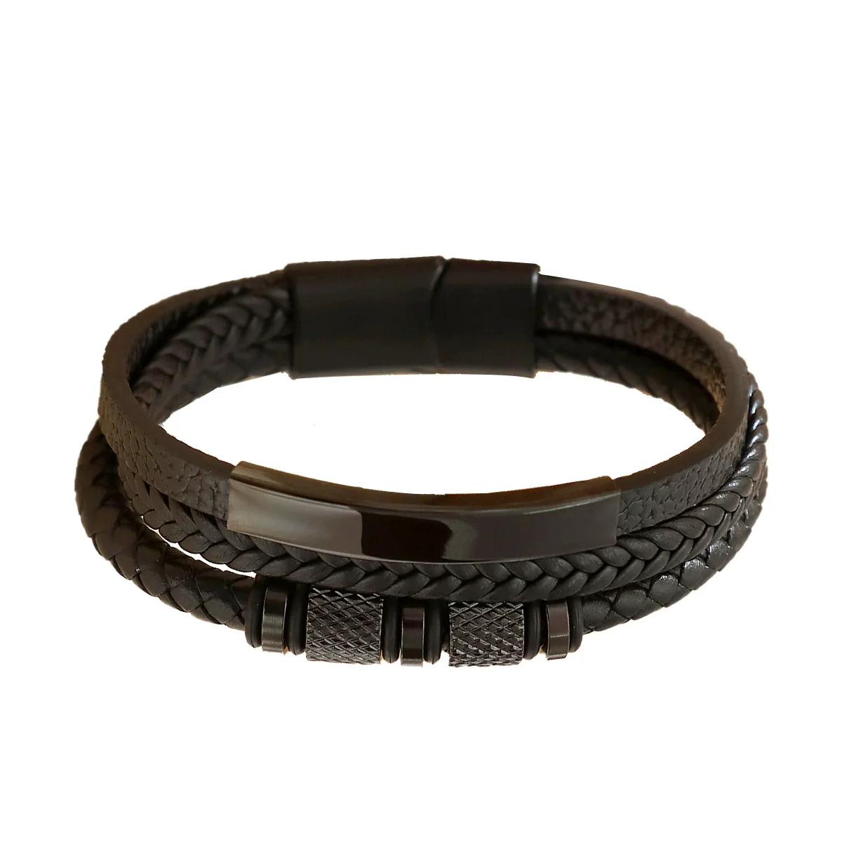 Geometric Multilayer Handwoven Leather Men's Alloy Magnet Buckle Bracelet - Image 5