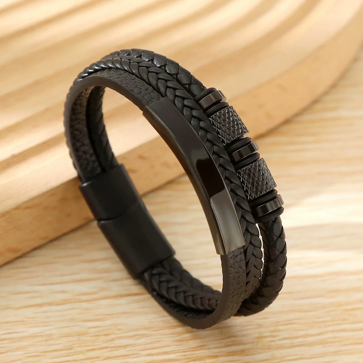 Geometric Multilayer Handwoven Leather Men's Alloy Magnet Buckle Bracelet - Image 7