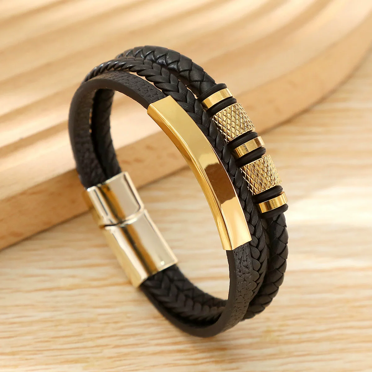 Geometric Multilayer Handwoven Leather Men's Alloy Magnet Buckle Bracelet - Image 8