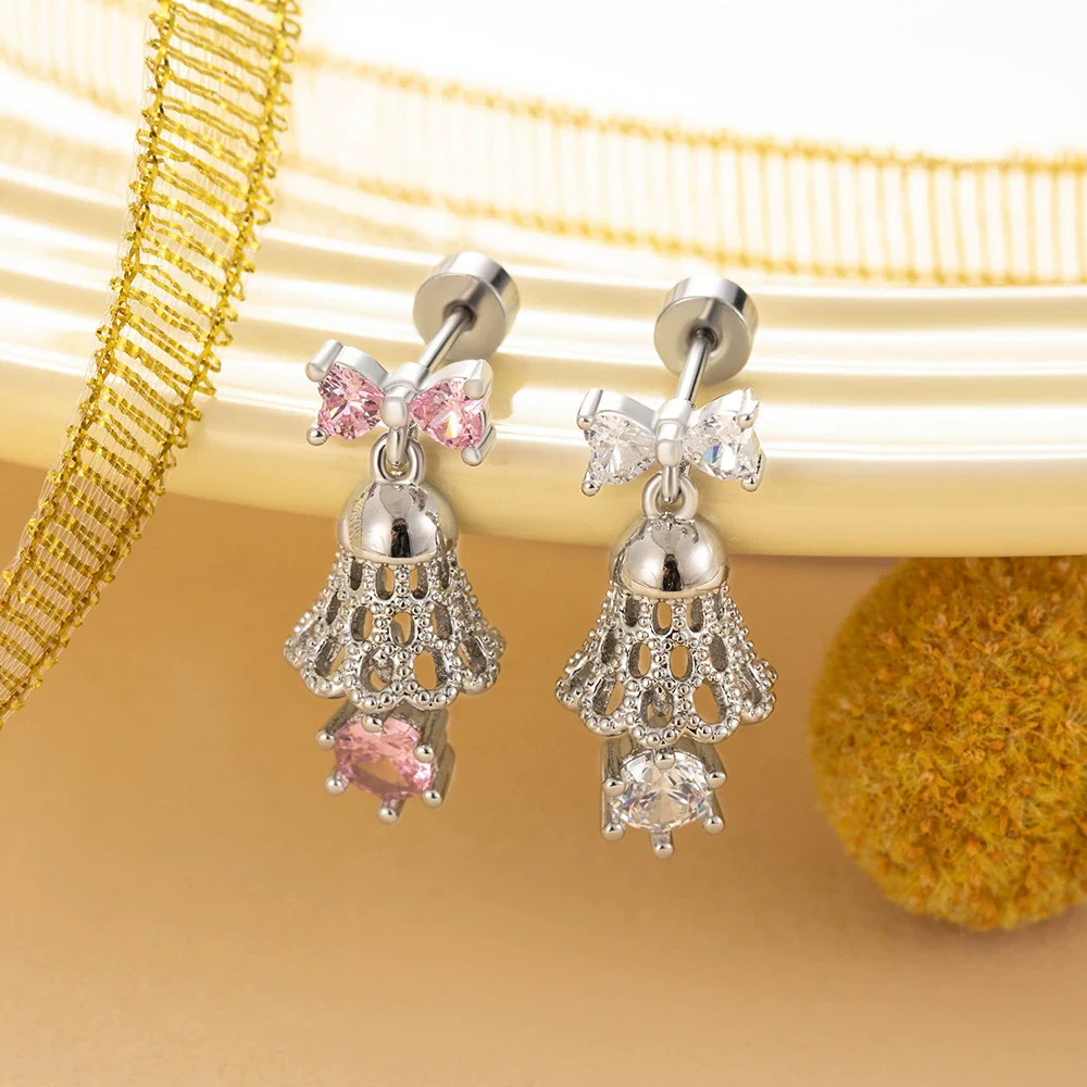 Girls' Titanium Steel Bow Bell Pendant Screw Earrings With Electroplating - Image 2