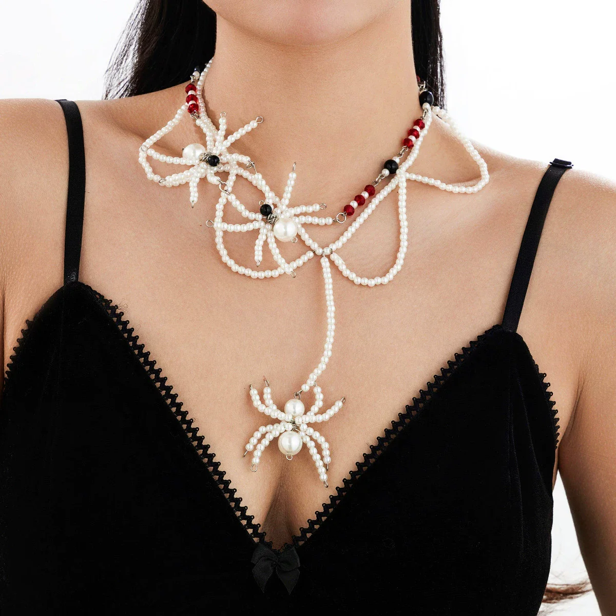 Gothic Dark Style Crystal Spider Plastic Beads Clavicle Chain With Electroplating For Women - Image 3