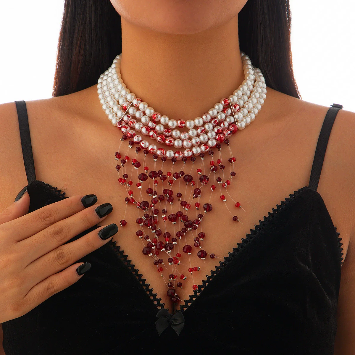 Gothic Imitation Pearl Crystal Tassel Necklace Geometric Style