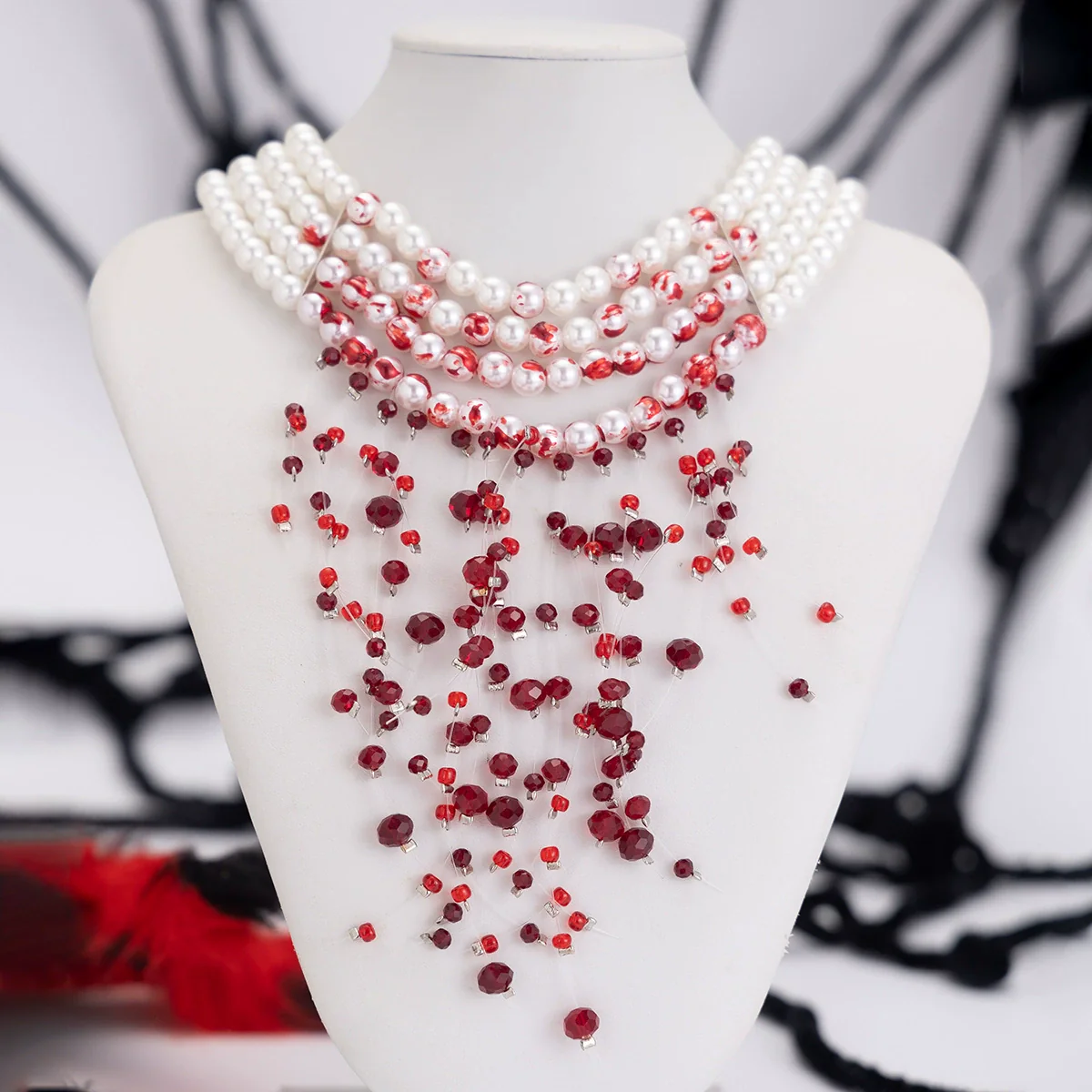 Gothic Imitation Pearl Crystal Tassel Necklace Geometric Style - Image 4