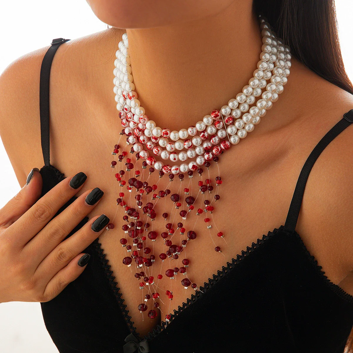 Gothic Imitation Pearl Crystal Tassel Necklace Geometric Style - Image 6