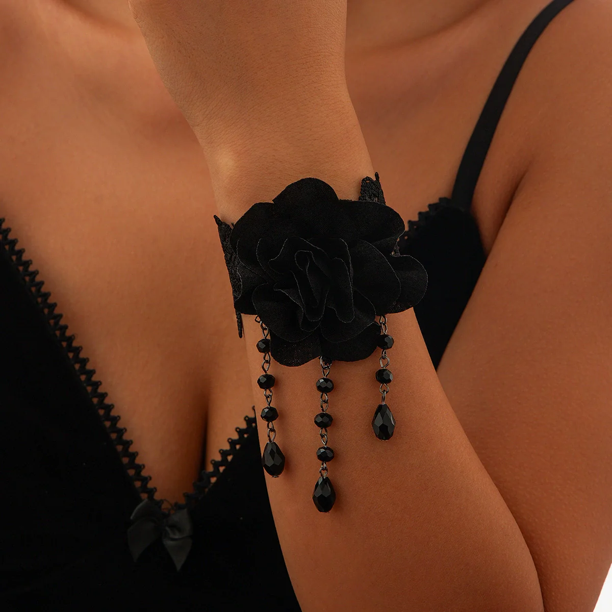 Gothic Style Dark Black Lace Handmade Chain Artificial Crystal Rose Flower Tassel Choker Necklace - Image 7