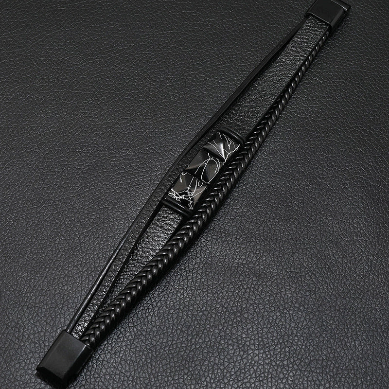 Gothic Style Magnetic Buckle Handwoven Leather Men's Bracelet With Geometric Pattern And Crack Gold Word - Image 3
