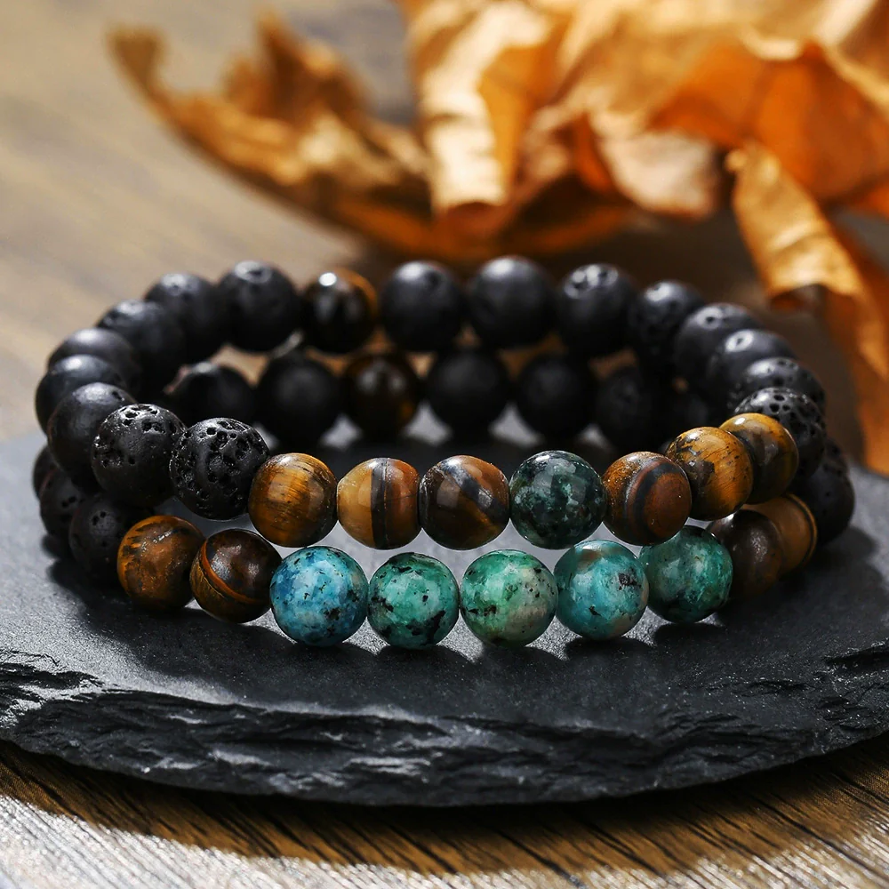 Handmade Geometric Stone Hiphop Hand Jewelry Unisex Beaded Bracelet With African Pine Yellow Tiger Eye And Volcanic Stone