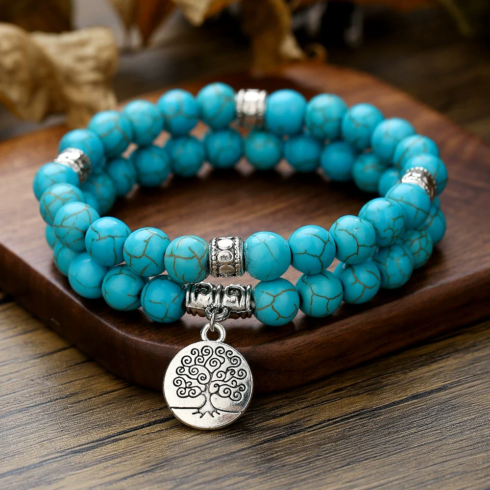 Handmade Geometric Wooden Beaded Volcanic Stone Turquoise Coconut Shell Unisex Bracelet - Image 18