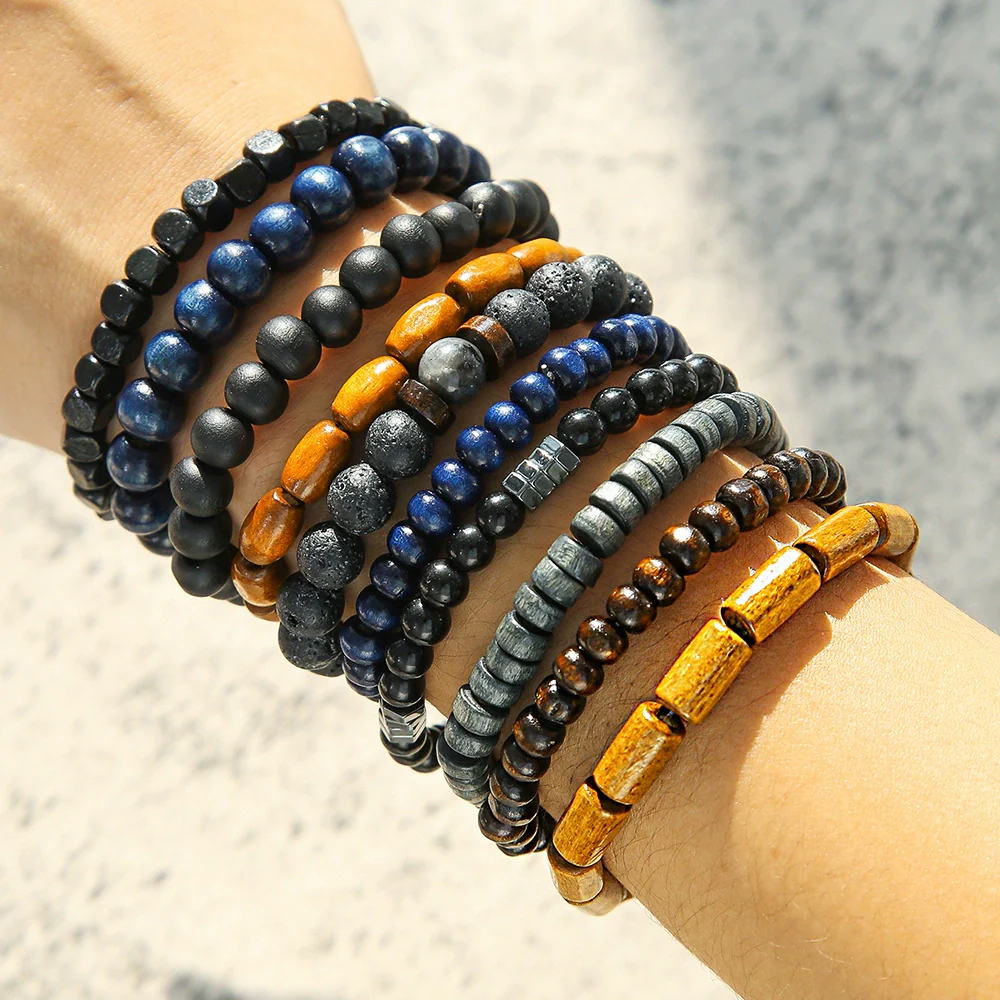 Handmade Geometric Wooden Beaded Volcanic Stone Turquoise Coconut Shell Unisex Bracelet - Image 22