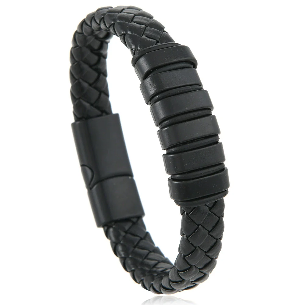 Handmade Retro Geometric Leather Alloy Magnetic Buckle Handwoven Bracelet For Men And Women - Image 6