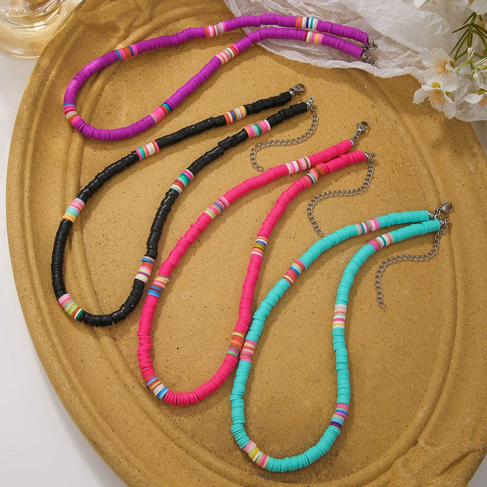 Handmade Women's Soft Ceramic Beaded Clavicle Necklace Geometric Style Stainless Steel And Clay - Image 3
