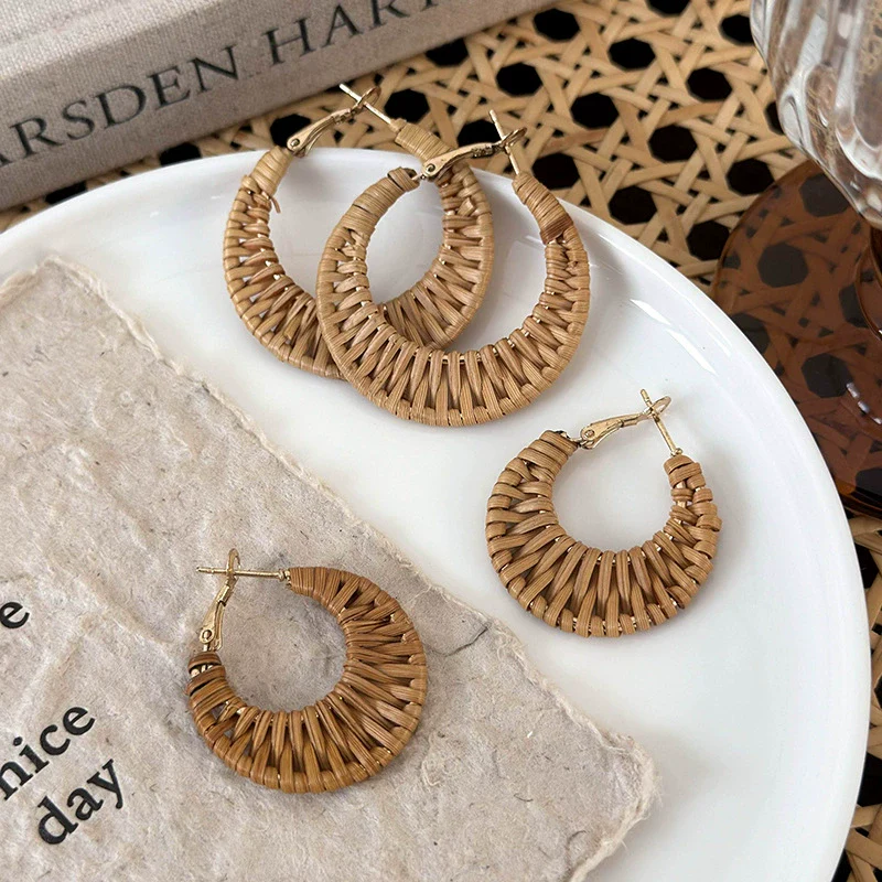 Handmade Wood Straw Rattan Geometric Women's Vacation Style Ring Earrings - Image 3