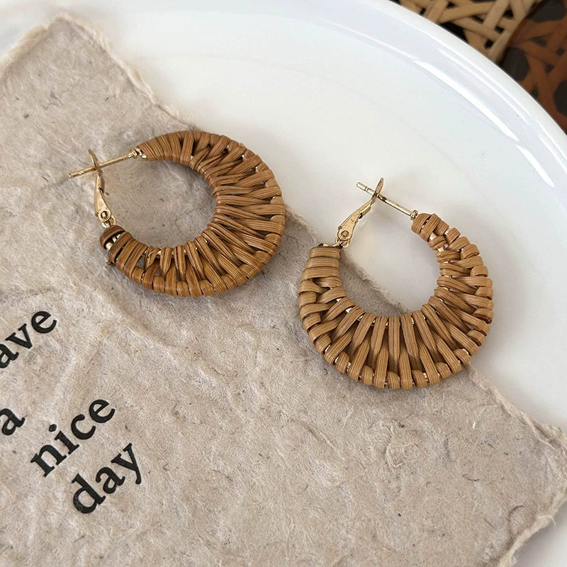 Handmade Wood Straw Rattan Geometric Women's Vacation Style Ring Earrings - Image 6