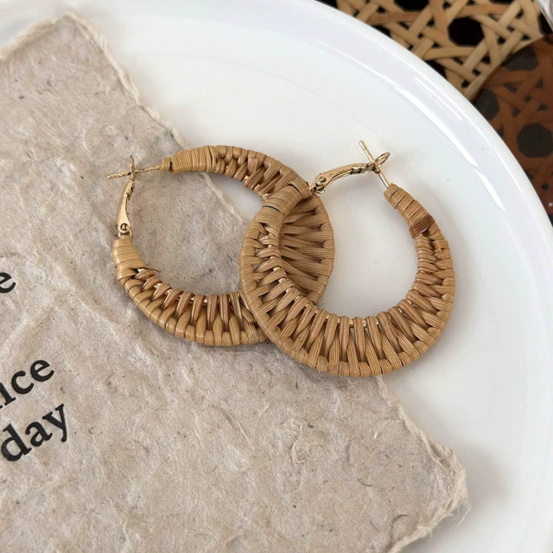 Handmade Wood Straw Rattan Geometric Women's Vacation Style Ring Earrings - Image 7
