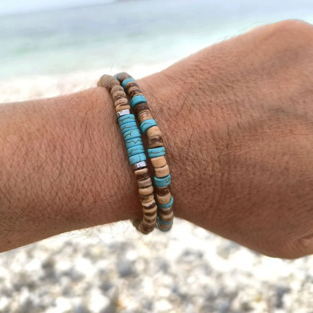 Handmade Wooden Beads Coconut Shell Geometric Bracelet Unisex - Image 2